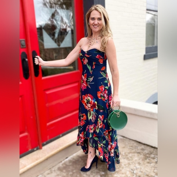 NWT - Shoshanna Midnight Navy And Red Floral Strapless High-Low Dress - Picture 6 of 9